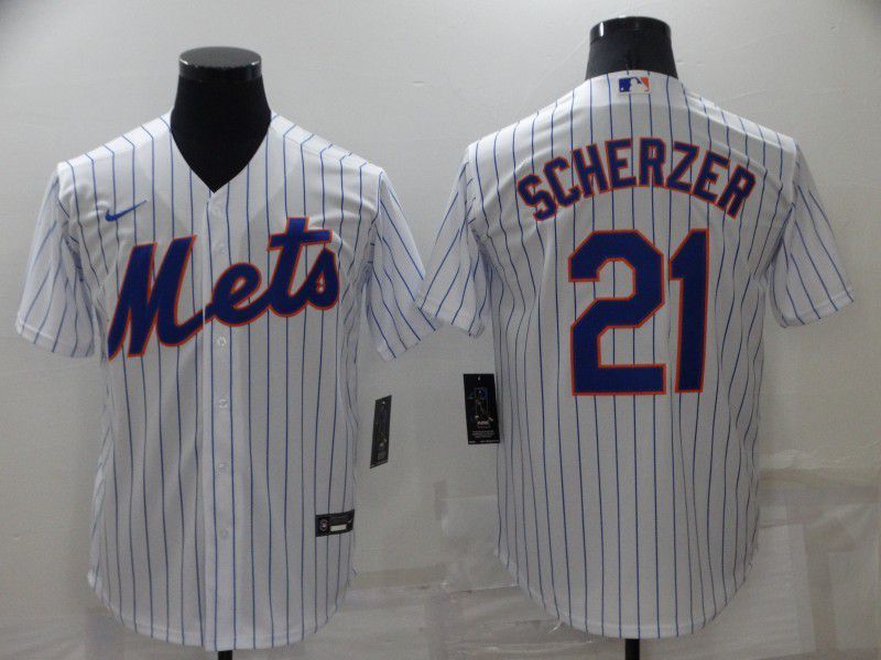 Men New York Mets #21 Scherzer White Strip Game 2022 Nike MLB Jersey